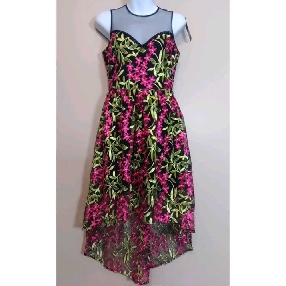 The Clothing Company Black Green Pink Floral Embroidery Lined Hi Lo Dress Size M
